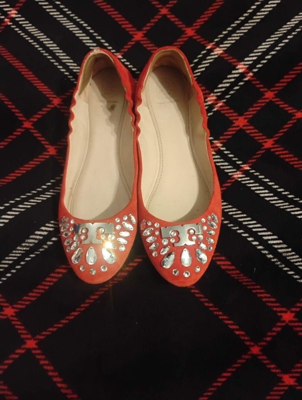 Women's Red Suede Tory Burch Ballet Flats With Sparkling Rhinestones Size 9